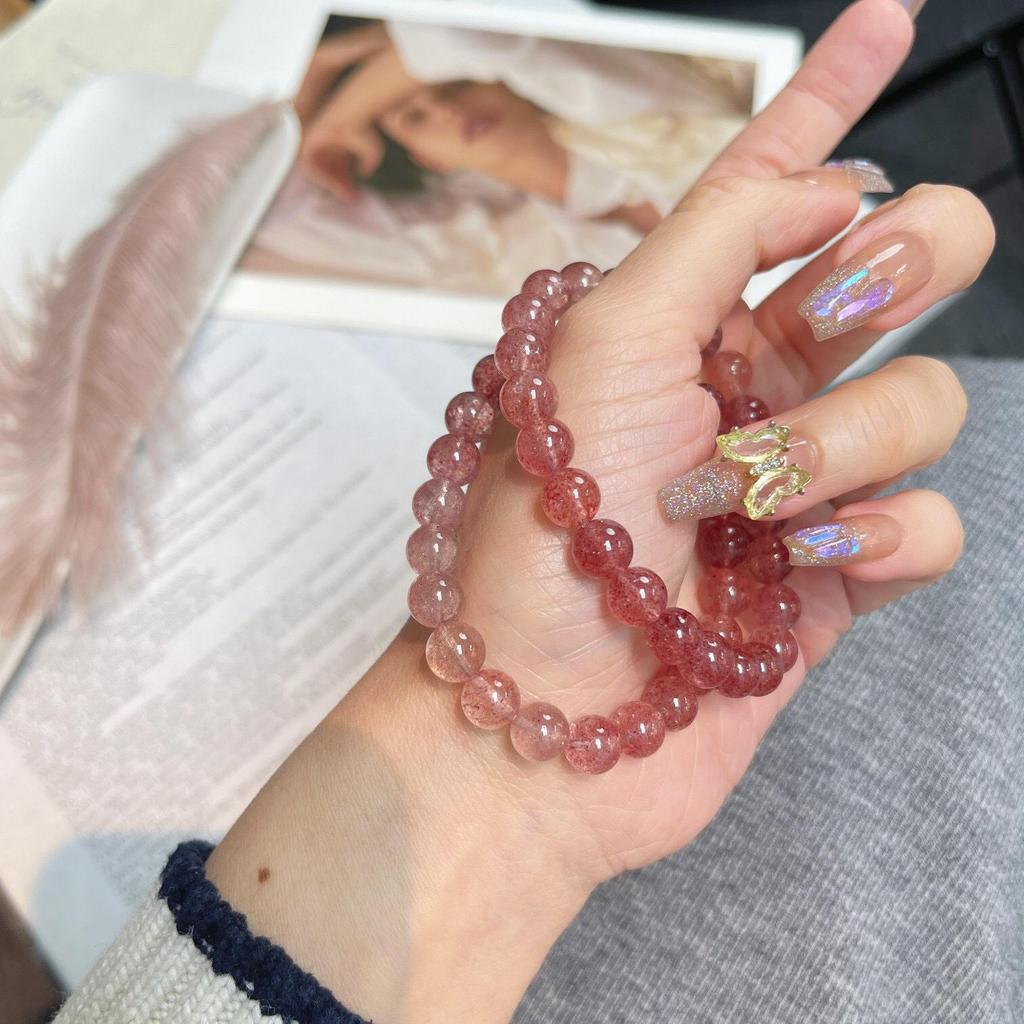 Qiaoen Women's Sweet Natural Strawberry Quartz & Green Crystal Beaded Bracelet - Simple Gradient Design Jewelry