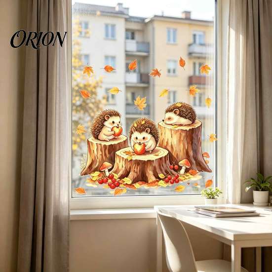 Cute Animal Window Art Little Hedgehog Tree Stump Static Sticker, Watercolor Decorative Thanksgiving Decorations Decal, Reusable PVC Cling for Autumn