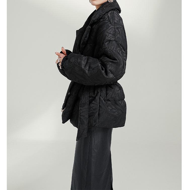 Flower dark pattern high-end goose down jacket, waist white goose down short Pinghu down jacket women's high-end women's clothing black