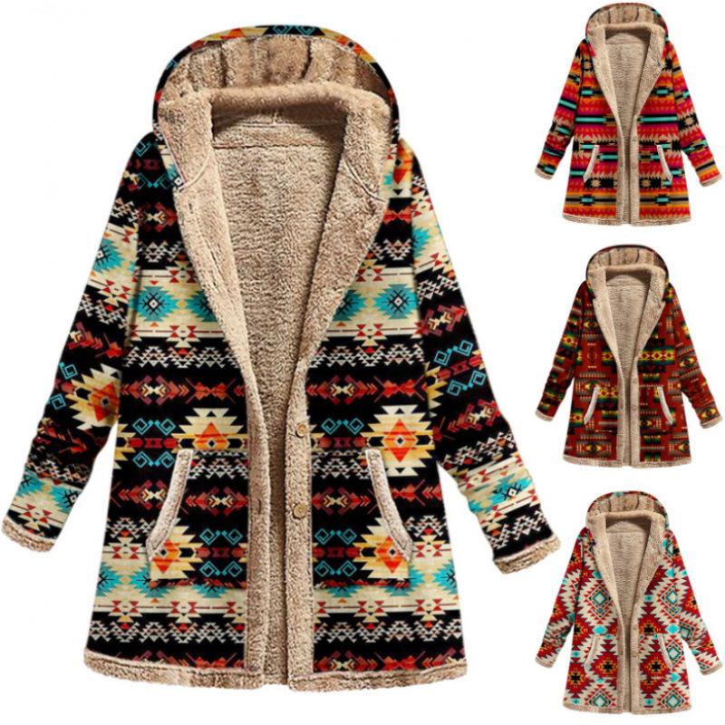 Jacket series casual printing cotton and linen printing plush inner hooded zipper women's clothing new