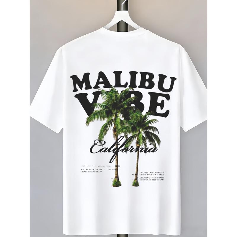 Men's California Palm Tree Print T-Shirt - Relaxed Fit Short Sleeve Shirt with Dropped Shoulder, Suitable for Vacation & Casual Attire, Machine