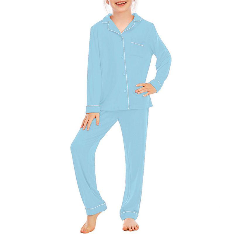 5-14 let Dětský Dívčí Pyžamový Set Dlouhý Rukáv Knoflíkový Top a Kalhoty Domácí Oblečení