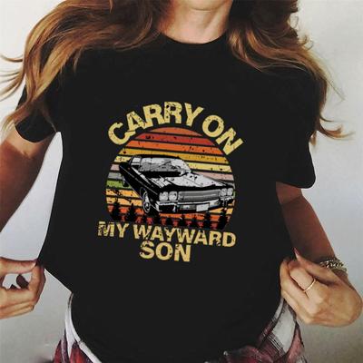 Carry on My Wayward Son Vintage Tops Tričko Supernatural Potisk Černé tričko Estetické dámské tričko Trička s retro grafikou