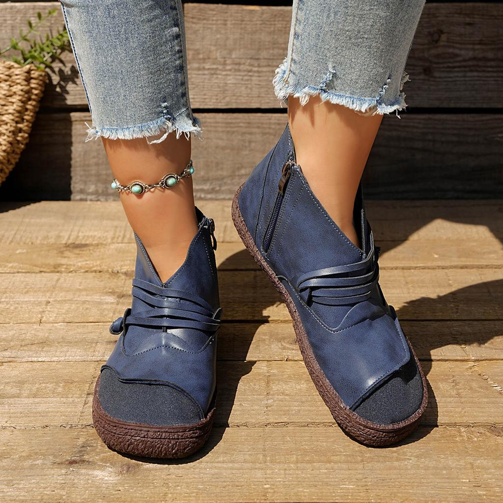 Women Ankle Boots Spring Autumn Sewing PU Zipper Flat With Modern Boots Vintage Patchwork Street Style Outdoor Women Shoes