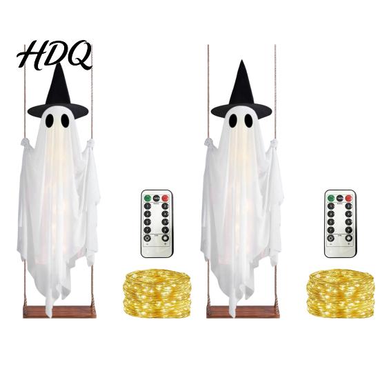 Gruseliger LED-Geist für den Garten Leuchtende Halloween-Hängeschaukel mit Hexenhut, Fernbedienung Einstellbar Langlebige Stoffdekoration Helligkeit, Fliegend