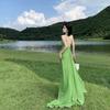 Western Sichuan Grassland Design Sense Green Swing Neck Slightly Transparent Chiffon Suspender Dress Backless Vacation Beautiful Long Dress