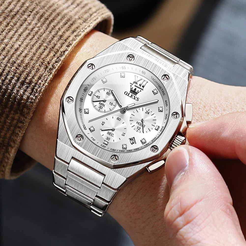 Olevs Octagonal Analog Stainless Date Large Luxury Watch for Gift Men's Watch, Silver, Popular, Waterproof, Quartz, Dress, Business, Stylish, Steel,