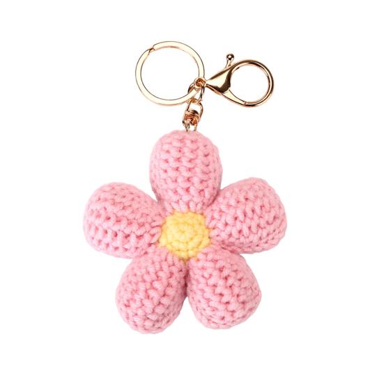 Knitted Keychain Handmade Crochet Flower Keychain Pink Bohemian Bag Charm Car Keys Backpack Accessories