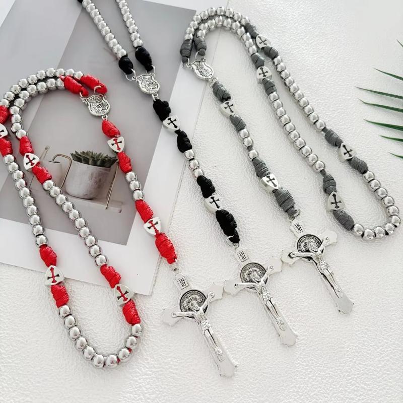Paracord Rosary Red Rope Stainless Steel Beads St Michael Medal St Benedict Crucifix Jerusalem Cross Beads Prayer Rosar
