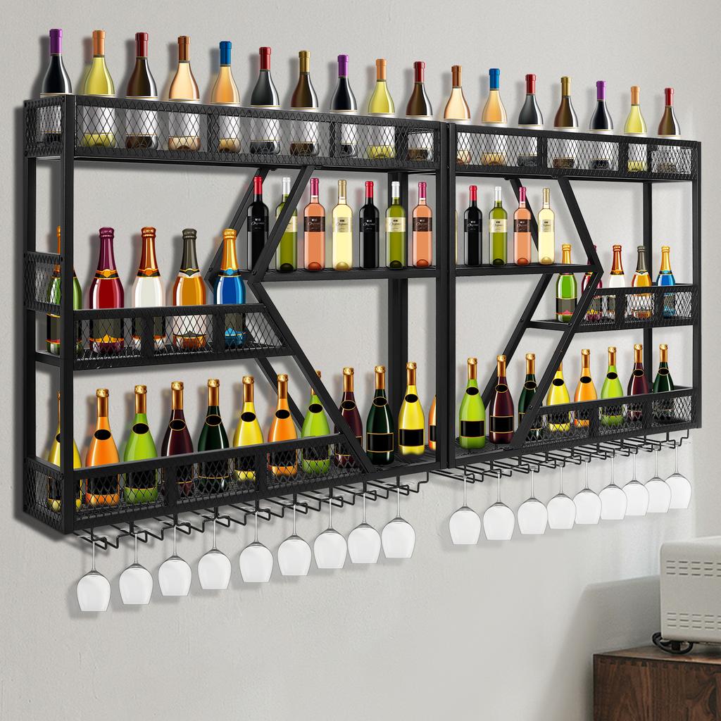 Metal Wall Mounted Wine Rack with Glass Holder Metal Storage Rack Wine Bottle Display Holder for Kitchen Dining Room