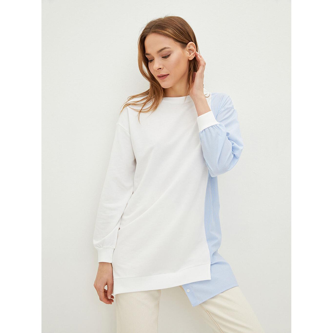 

LCW CLASSIC Полосатая женская туника с круглым вырезом и длинными рукавами цвета экрю