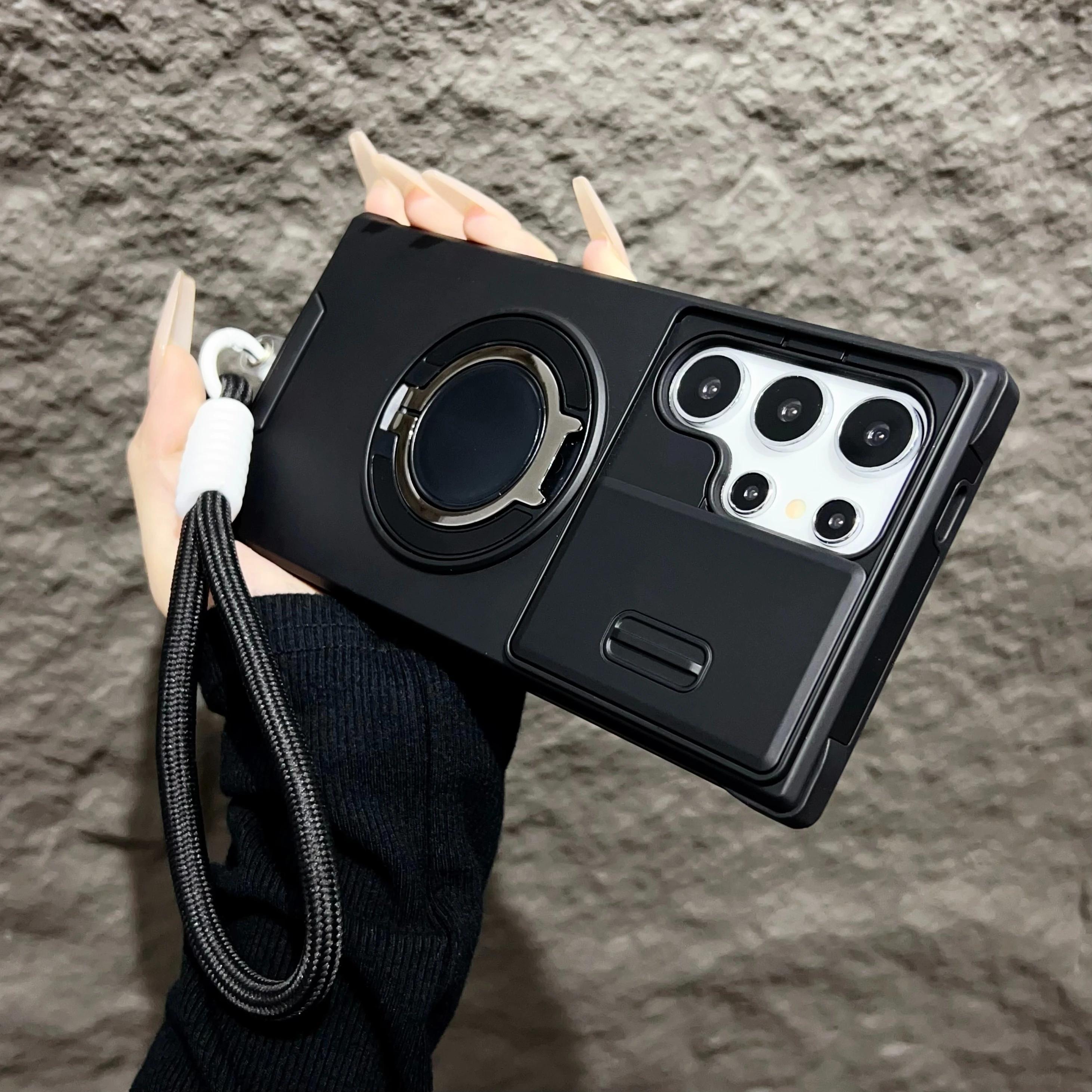 

Чехол Armor Magnetic Bracket Case для Samsung Galaxy S25 S24 S23 S22 S21 Ultra Plus с выдвижным шнурком для камеры, защитный противоударный чехол For Galaxy S23&Case & Strap