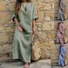 Damen Gestreiftes Leinen Maxikleid 3/4 Ärmel V-Ausschnitt Locker Lässig Langes Kleid Mit Taschen Sommer Strand Sonnnenkleid