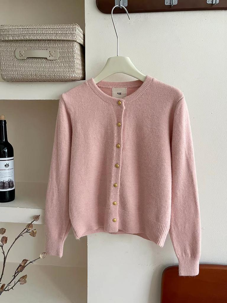 Women's thick solid color knitted cardigan sweater women's popular gold buckle small cardigan commuting versatile multi-color optional
