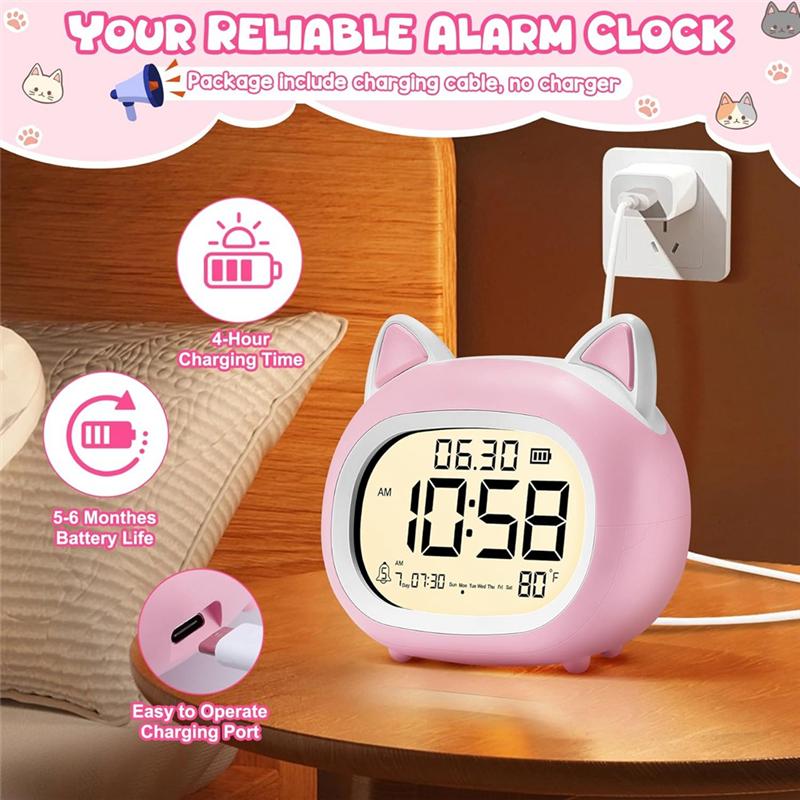 M-Modern-Cute Cat Alarm Clock With Night Light, Digital For Kids Alarm Clocks For Bedrooms, Routine Builder Pink