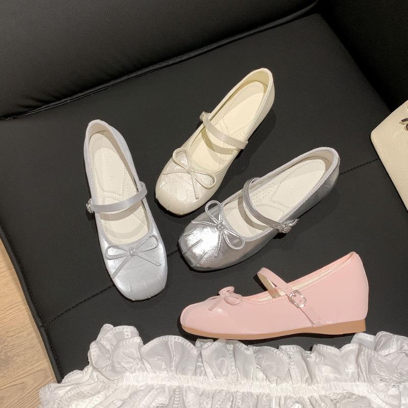 Gentle Mary Jane Shoes Women's New Comfortable Inner Height Increase 5 Bow Word with Casual Ballet Style Single Shoes