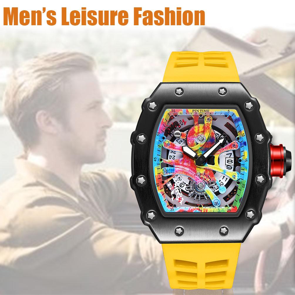 Luxury Watch Men Wrist Watches Tonneau Multifunction Graffiti Dial Auto Date Waterproof Sports Casual Clock Men Quartz Watches