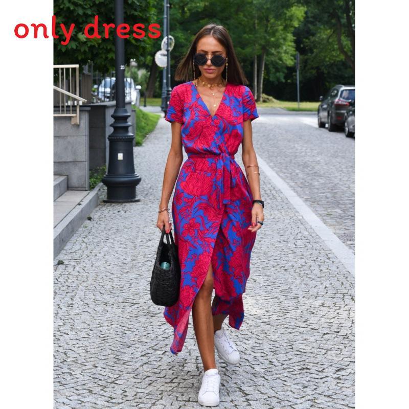 Euro Style Short Sleeve V Neck Printed Dress With High Waist For Summer Streetwear