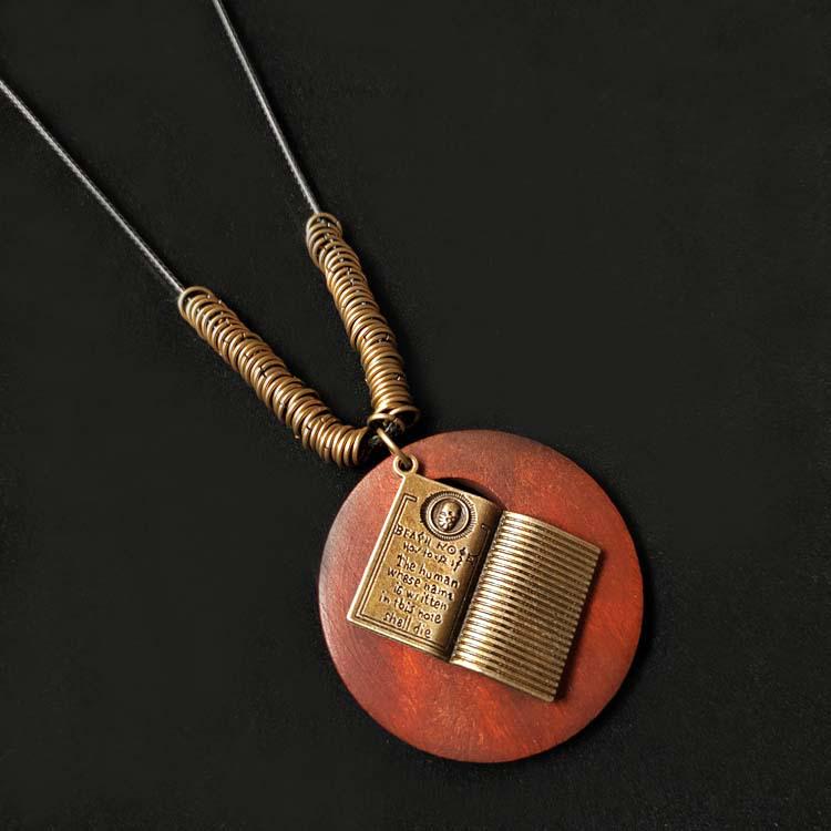 Ethnic Style Cotton-Linen Wooden Sweater Chain Necklace with Alloy Leaf Pendant