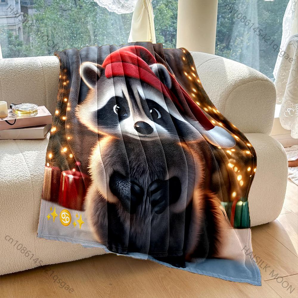 Multi-Size Festive Raccoon with Santa Hat Pattern Blanket Flannel Material Soft Warm for All Seasons Home Outdoor Camping Picnic