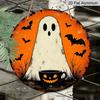 2D Flat, 1pc Cute Ghost Bat Pumpkin Mug Round Aluminum Wall Plaque, Halloween Horror Element Craft Sign, Indoor Outdoor Hanging Seasonal Decor