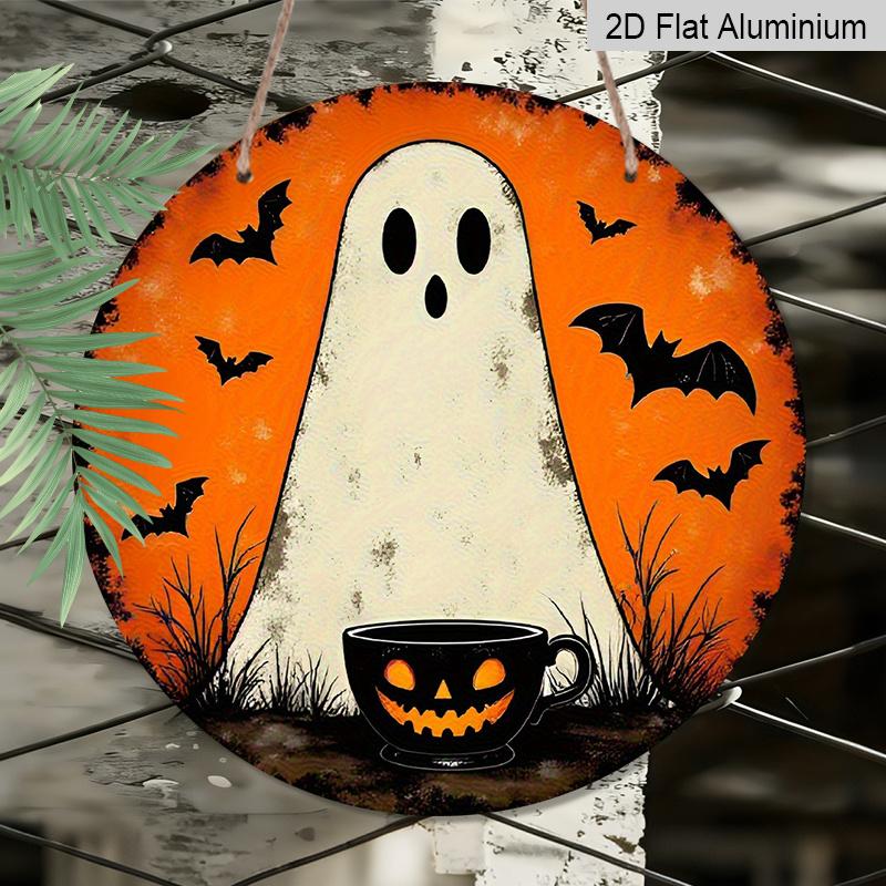 2D Flat, 1pc Cute Ghost Bat Pumpkin Mug Round Aluminum Wall Plaque, Halloween Horror Element Craft Sign, Indoor Outdoor Hanging Seasonal Decor