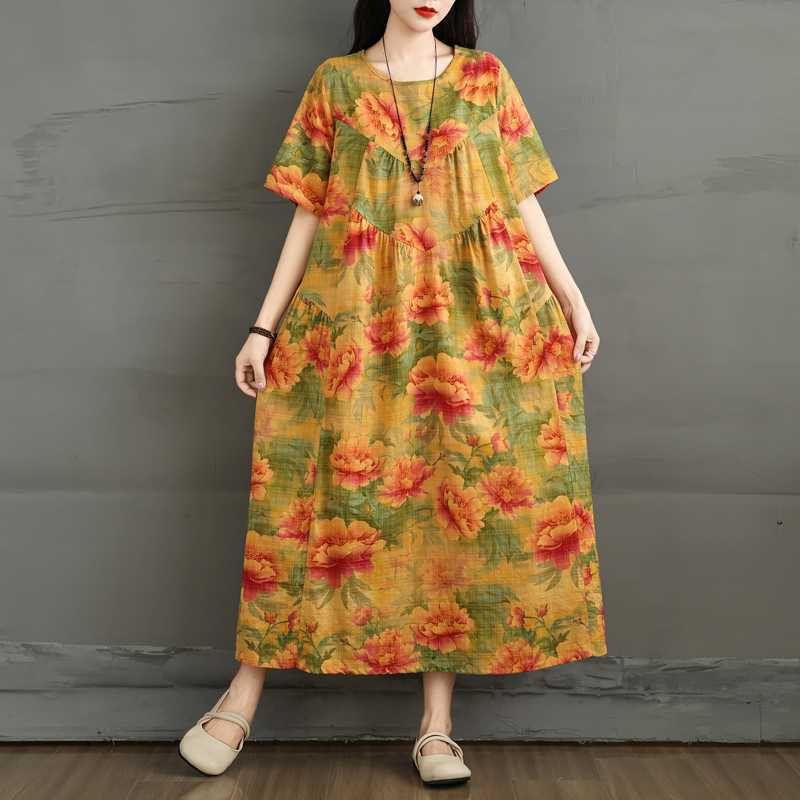 Summer Retro Cotton and Linen Round Neck Short Sleeved Dress, Women's Loose Skirt