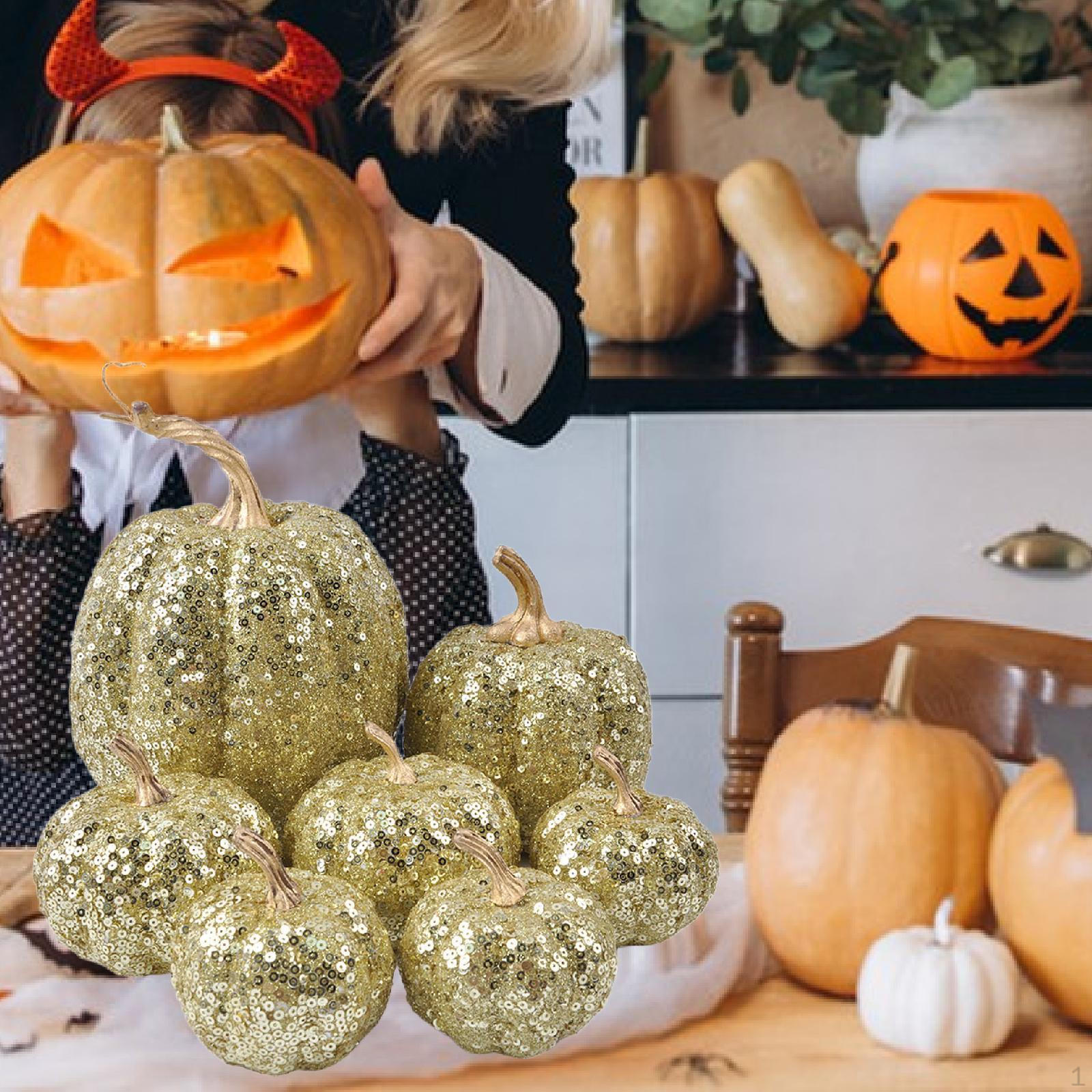 

7 Pieces Artificial Glitter Pumpkins Desk Ornaments Party Supplies Thanksgiving Decorations for золотий