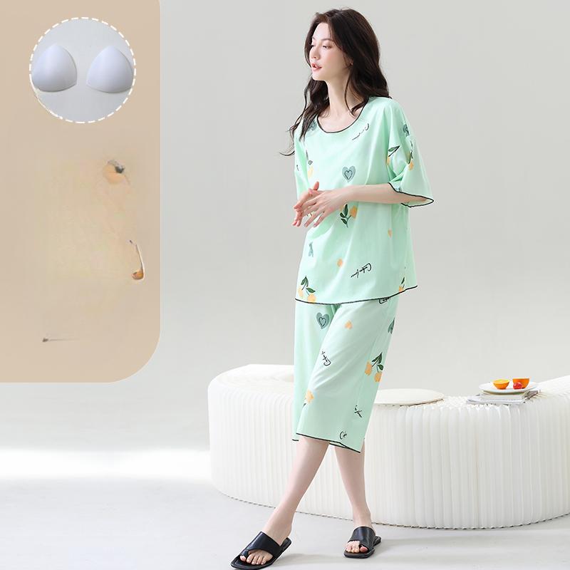 Summer Pajamas Set with Chest Pad for Women Plus Size 4XL 5XL Flower Print Short Sleeve Tops and Capri Pants Sleepwear Female Casual Pyjamas Homewear