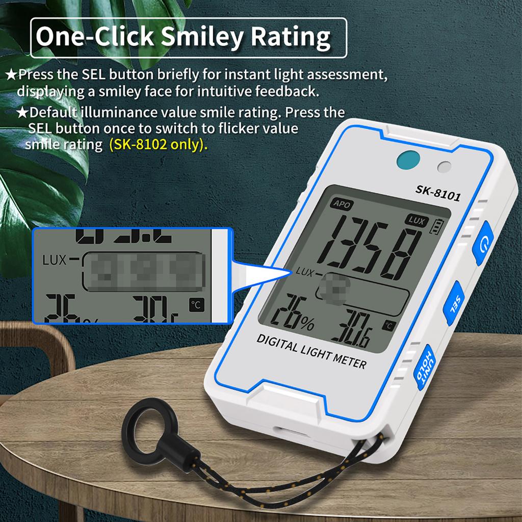 Mini Digital-Lichtmesser mit Temperatur- und Luftfeuchtigkeitsanzeige, automatische Abschaltung, Datenspeicherung, Licht FC-Einheitenumrechnung, Typ-C-Laden
