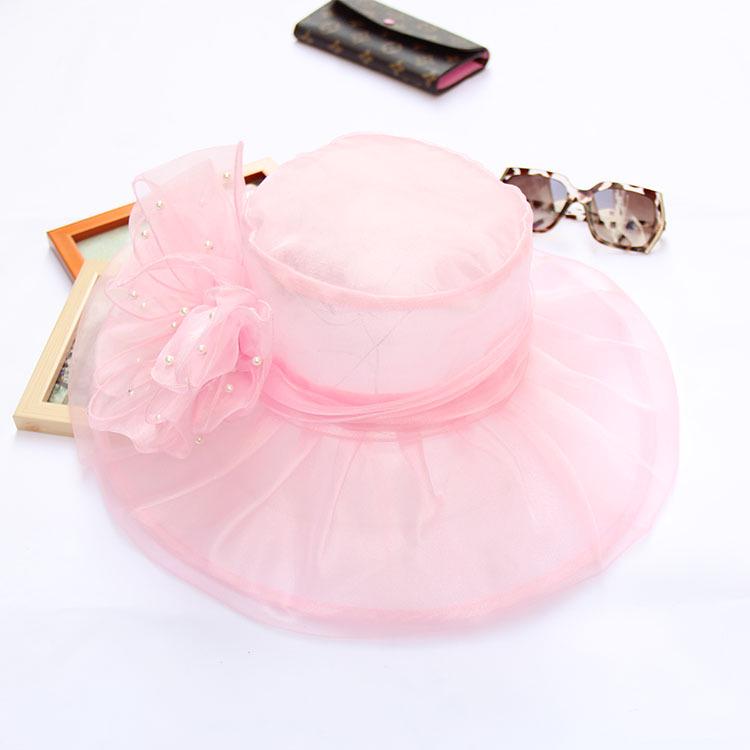 New Retro Wedding Hat Pearl Mesh Flower Top Hat Double Organza Sunshade Big Eaves Hat Sun Hat Women