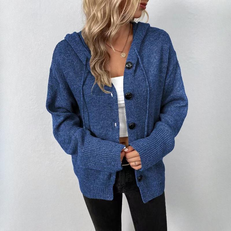 IHUASU Autumn and Winter Drawstring Knit Cardigan Jacket Women's Solid Colour Hooded Single-breasted Jumper