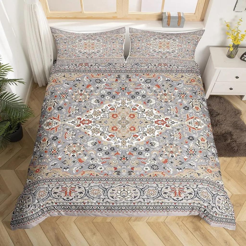 Tribal Floral Duvet Cover Set Bohemian Geometric Flowers Bedding Set Mysterious Indian Abstract Grid Quilt Cover Twin King Size
