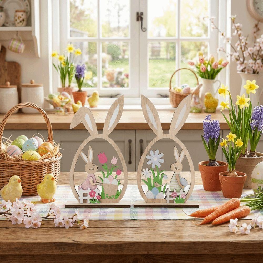 2Pcs Flower Easter Bunny Ornament Farmhouse Rustic Bunny Desktop Decorative  Spring Festival