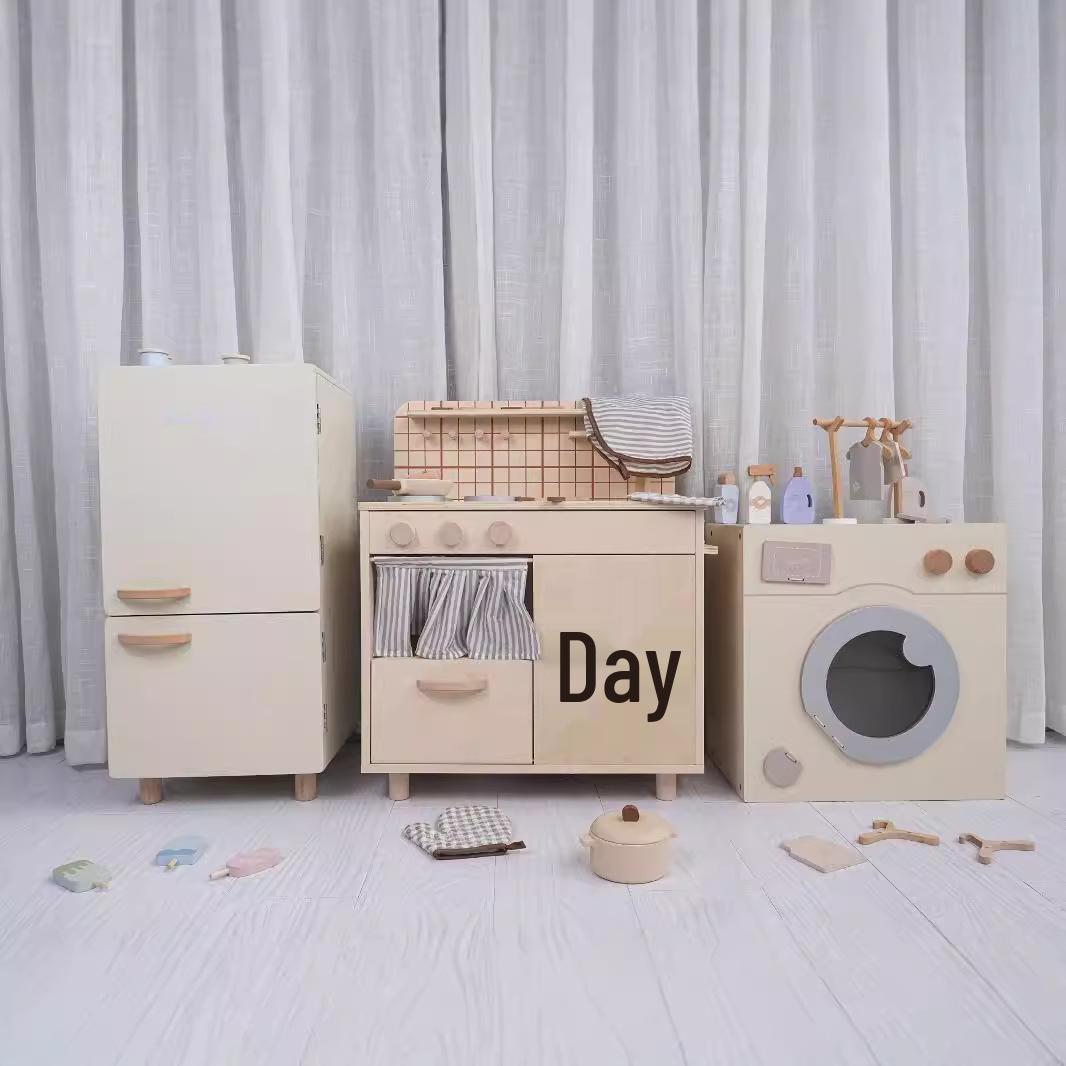 

Wooden Pretend Play Kitchen Set: Washing Machine, Refrigerator & Cookware for Kids