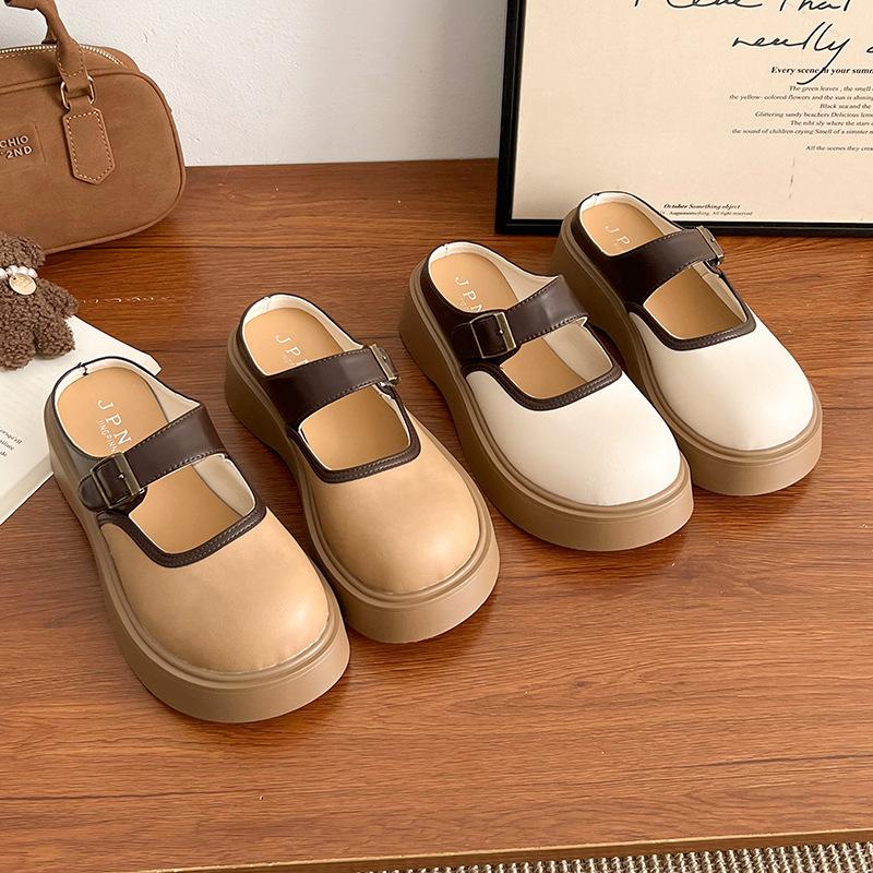 2025 spring new women's shoes fashionable British style bag head slippers medium heel versatile light mouth belt buckle thick-soled sandals