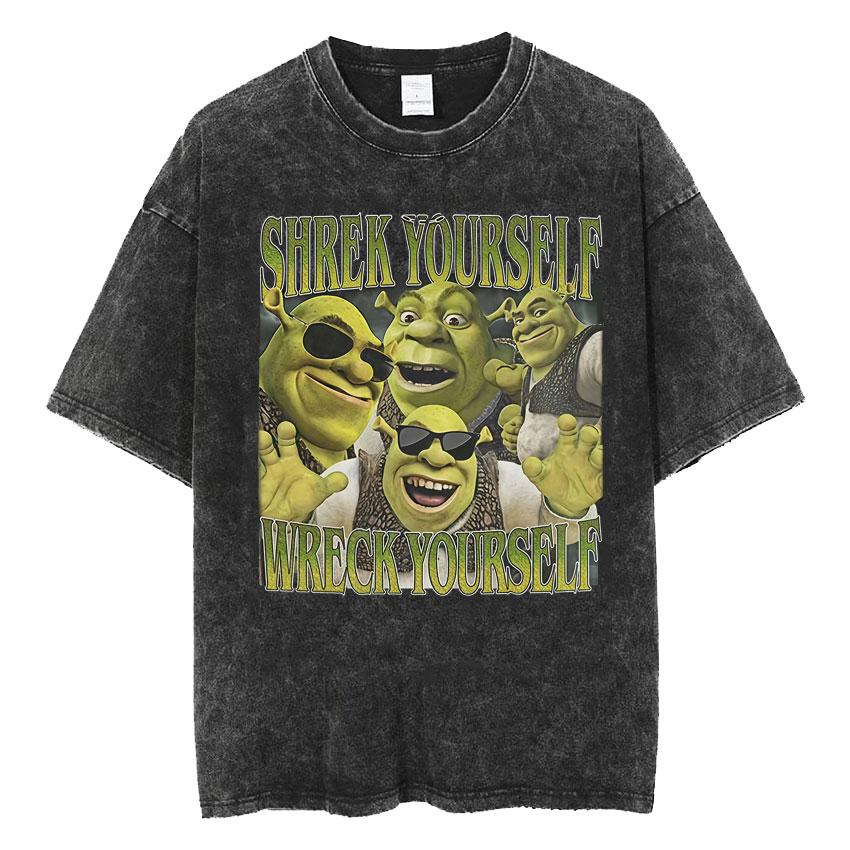 Funny Shrek Yourself Wreck Yourself Meme T Shirts Mens Clothing Vintage Washed Tshirt Casual Comfort Cotton T Shirt Streetwear S
