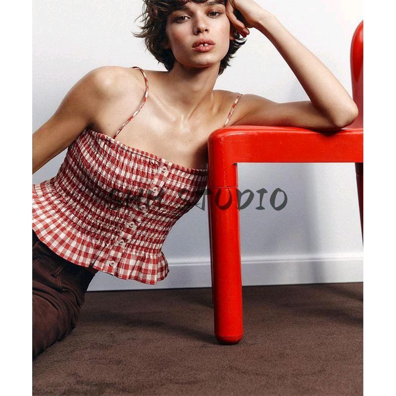 Spring New Women's Clothing French Style Design Easiest for Match Straight Collar Plaid Short Sling Tops 4661078