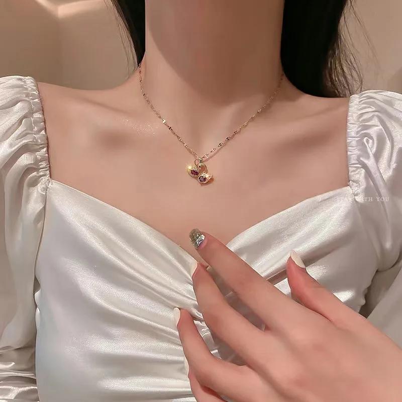 Luxury Brand Purple Crystal Swan Pendant Necklace for Women Charm Fashion Stainless Steel Bride Collar Jewelry Gift Colorfast