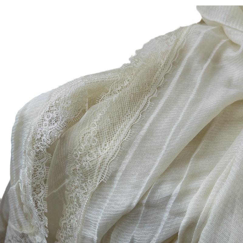 Sanftes Temperament Spitze Plissee Langer Baumwollleinen Schal für Damen Frühling und Herbst Reine Baumwollgaze Schal Sonnenschutz
