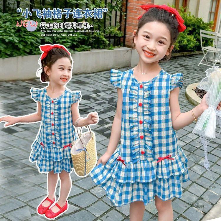 Girls Summer Sweet Checkered Sleeveless Dress