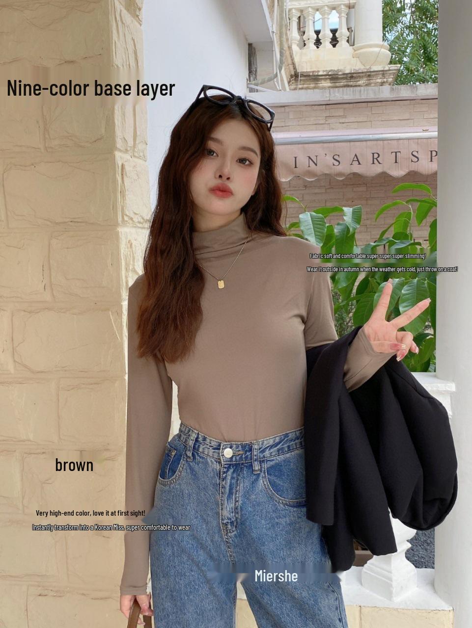 

Женская базовая рубашка Mier She с девятью цветами, полувысоким воротником и облегающим силуэтом - белая, теплая и эластичная для осени/зимы. One Size