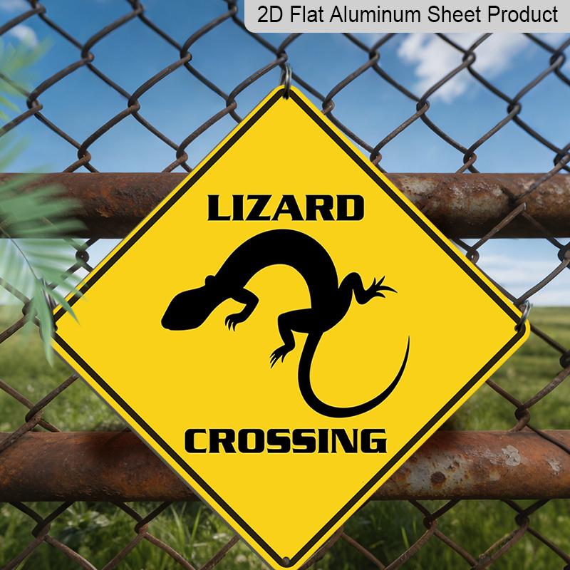 2D Flat 1pc, Lizard Crossing Warning Sign - Heavy-Duty Metal Yellow Lizard Caution Sign with Black Lizard Silhouette, Wall-Mounted for Fence, Yard