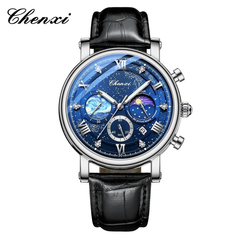 CHENXI 972 Men's Quartz Watch Luminous Moon Phase Chronograph Calendar Waterproof Leather Strap Luxury Business Watches