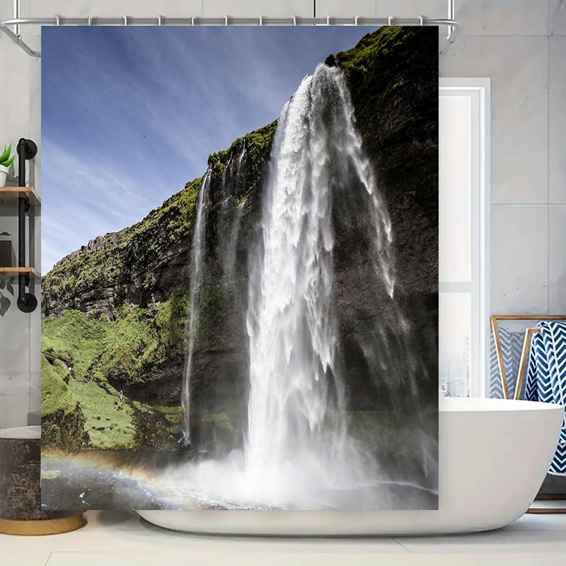 Waterfall Shower Curtain Nature Decor for Bathroom Waterproof Fabric with Rainbow Effect 3D Printing Customized Size Available E