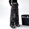 Women's Dark Camo Print Wide Leg Cargo Pants High Waist Baggy Streetwear Trousers
