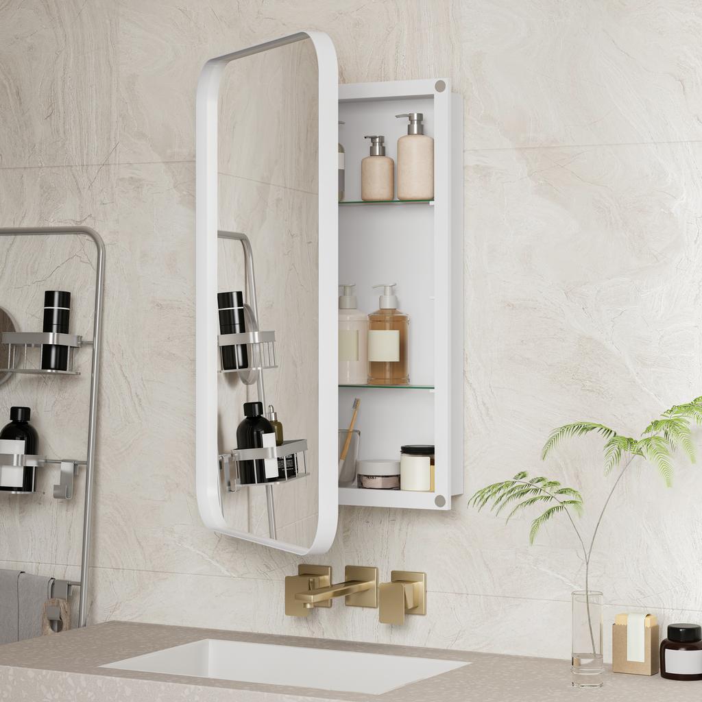 Stylish Rectangle Mirror Cabinet, Recessed Medicine Cabinet, Metal Framed, Adjustable Shelves, Storage for Bathroom, Living Room and Bedroom, White