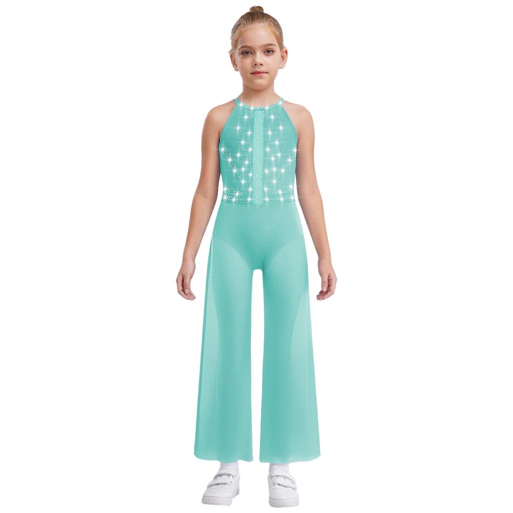 Girls Rhinestone Dance Bodysuit - Shimmery Sleeveless Jumpsuit with Keyhole Back & Side Splits, Built-in Briefs for Performances