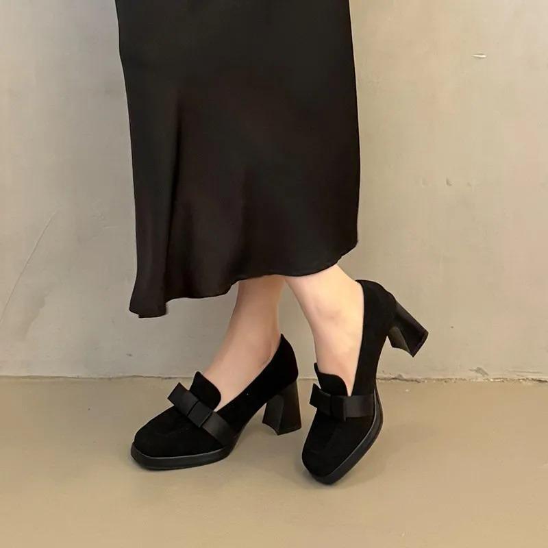 Fashion French retro fashion bow waterproof platform high heels women's shoes 2025 new square head thick heel thick sole single shoes