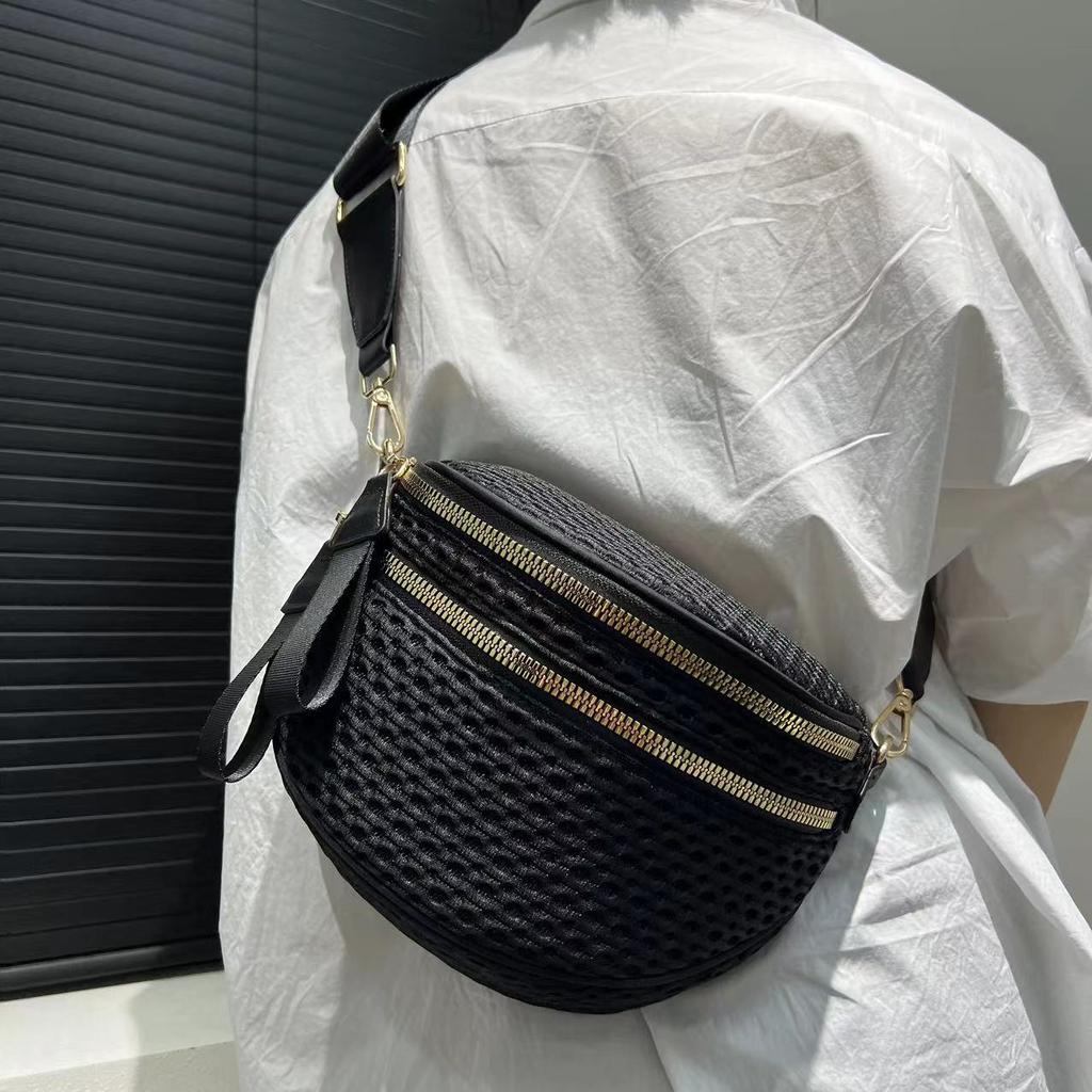 Ladies Mesh Lightweight Messenger Bag Multi-Zipper Casual Versatile Shoulder Handbag